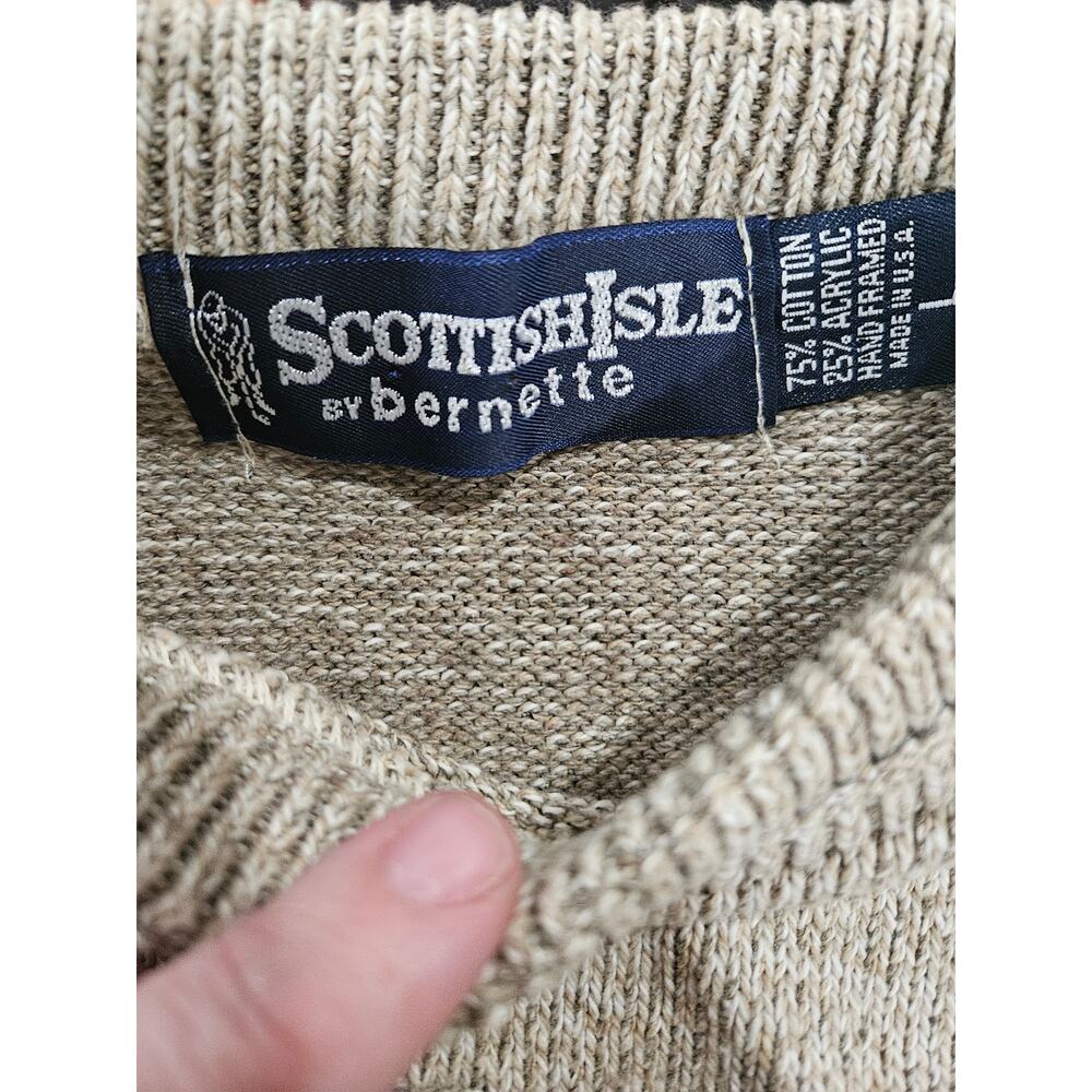 Vintage Scottish Isle Golf Sweater USA Graphic Knit Beige L - Picture 2 of 6